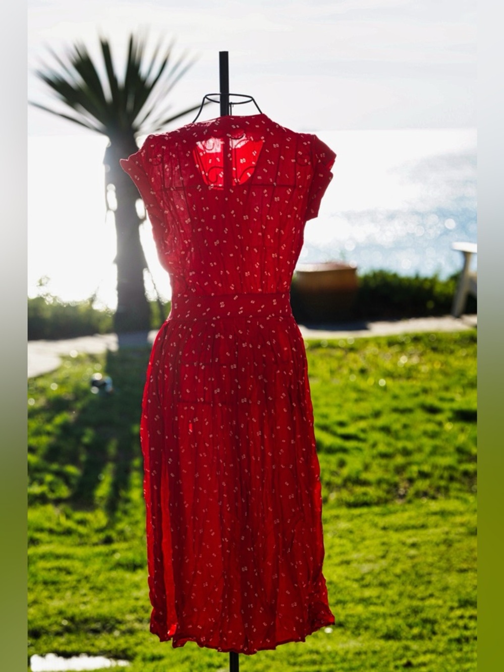 Jackie Bernard FDR Eclectic Red Rayon Midi Dress - Size 8 - Picture 3 of 10